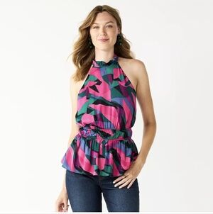 Buy 1 Get 1 Free Tops! Nine West Pink and Blue Halter Peplum Top